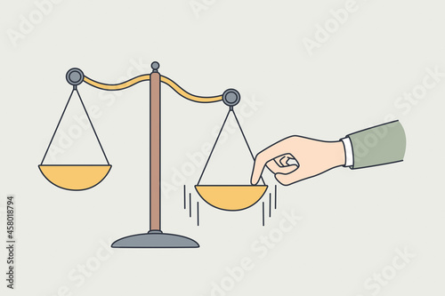 Making choice, measuring values concept. Human hand putting finger to one side on scales making decision and choice vector illustration 