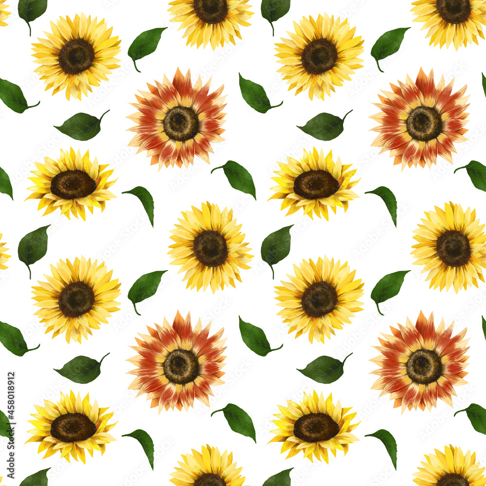 Seamless pattern of sunflowers and green leaves illustration on white background Seamless pattern of sunflowers and green leaves illustration on white background
