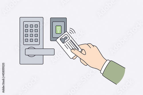 Security id card and safety concept. Human hand holding id card with personal information holding near electronic lock opening door vector illustration 
