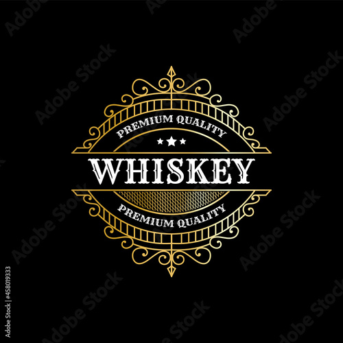 Vintage luxury ornamental logo with floral ornament. Suitable for whiskey  alcohol  beer  brewery  wine  barber shop  tattoo studio  salon  boutique  hotel  shop signage bottle sticker