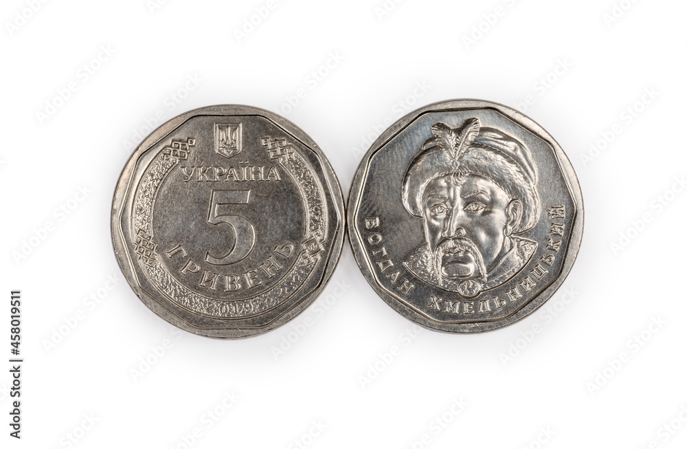 Coin denomination five Ukrainian hryvnia, obverse and reverse, top view Coin denomination five Ukrainian hryvnia, obverse and reverse, top view