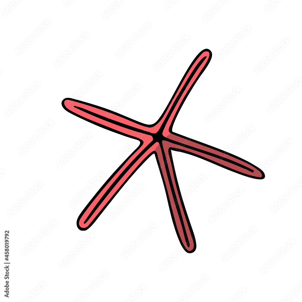 Flat starfish, hand-drawn sea symbol. Five-finger organism painted by ink, pen. Line, colored doodle, minimalism. Simple sketchy icon. Isolated. Vector illustration. Flat starfish, hand-drawn sea symbol. Five-finger organism painted by ink, pen. Line, colored doodle, minimalism. Simple sketchy icon. Isolated. Vector illustration.