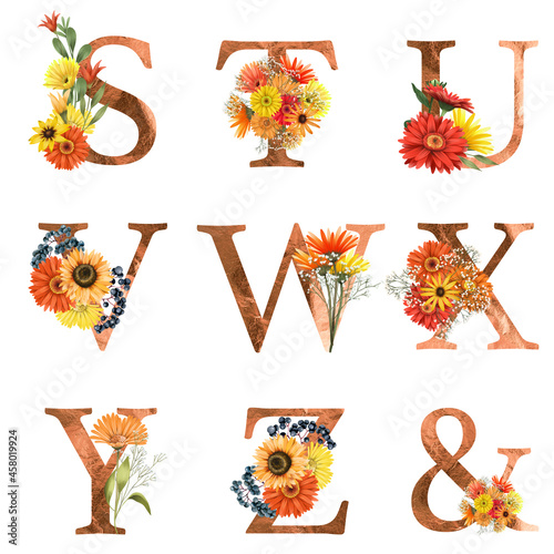 Set of floral letters S-Z with autumn flowers (asters and gerber daisies), isolated illustration on white background, for wedding monogram, greeting cards, logo