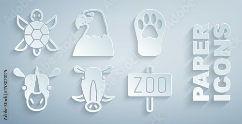 Set Wild boar head, Paw print, Rhinoceros, Zoo park, Eagle and Turtle icon. Vector