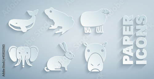 Set Rabbit, Sheep, Elephant, Hippo or Hippopotamus, Frog and Whale icon. Vector