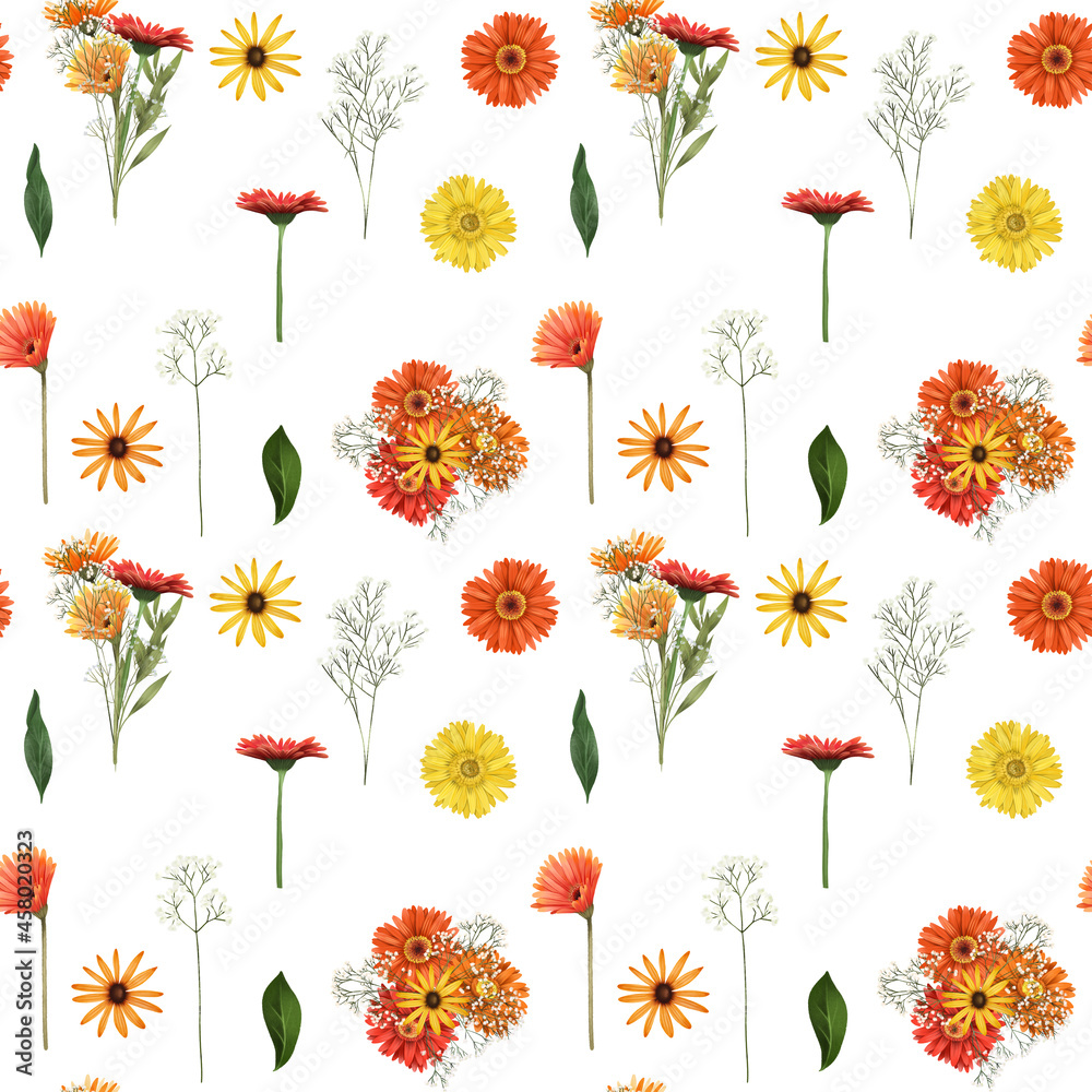 Obraz premium Seamless pattern of autumn asters, gypsophila and gerbera flowers illustration on white background