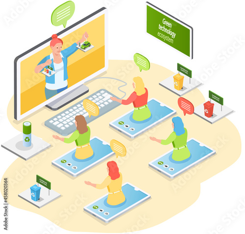 Collective virtual meeting or group video conference with colleagues. Women chatting by online videochat, videoconferencing, discussing using green technology. Employees at online business meeting