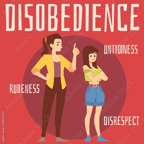Teens disobedience card with mother and teenage child flat vector illustration.