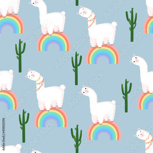 Seamless pattern with llamas on a rainbow with cactus. Vector illustration for baby texture, textile, fabric, poster, greeting card, decor. Cute alpaca from Peru. Textures with animals.