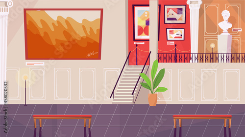 Exhibition in gallery of modern art interior concept in flat cartoon design. Paintings and statues, works of art, hallway with benches for visitors in museum. Vector illustration horizontal background