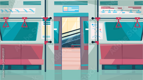 Subway car interior with open door concept in flat cartoon design. Metro salon with seats and handrails for passengers. Modern public urban transport. Vector illustration horizontal background