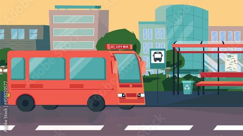 Bus stop in city concept in flat cartoon design. Bus waiting for passengers, station with bench, cityscape. Modern public urban transport, infrastructure. Vector illustration horizontal background
