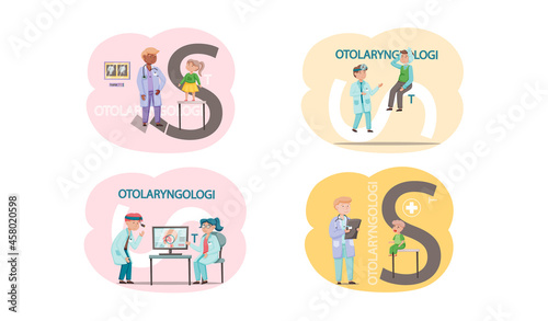 Otolaryngologist doctor with nose, ear and throat or ENT diagnostic and treatment instruments. Otology doctor with patient. Otorhinolaryngology healthcare medicine or otolaryngology diseases