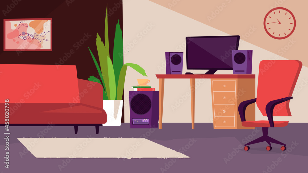 Bedroom and home office interior concept in flat cartoon design. Sofa, table and desktop, speakers, chair, carpet and decor in room. Male apartment inside. Vector illustration horizontal background Bedroom and home office interior concept in flat cartoon design. Sofa, table and desktop, speakers, chair, carpet and decor in room. Male apartment inside. Vector illustration horizontal background