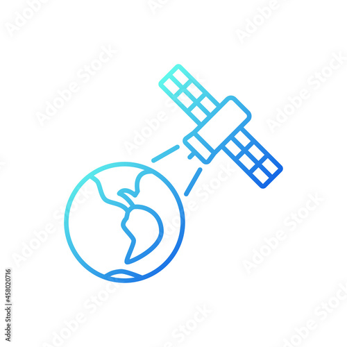 Earth observation process gradient linear vector icon. Terrestial surface investigation by artifial satelite. Thin line color symbol. Modern style pictogram. Vector isolated outline drawing
