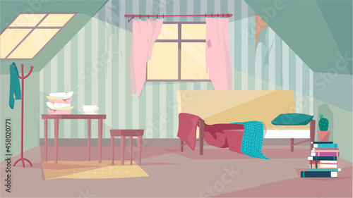 Fototapeta Naklejka Na Ścianę i Meble -  Old abandoned room interior concept in flat cartoon design. Poor sofa with pillow and blanket, table and chair, cracked dishes, window with messy curtains. Vector illustration horizontal background