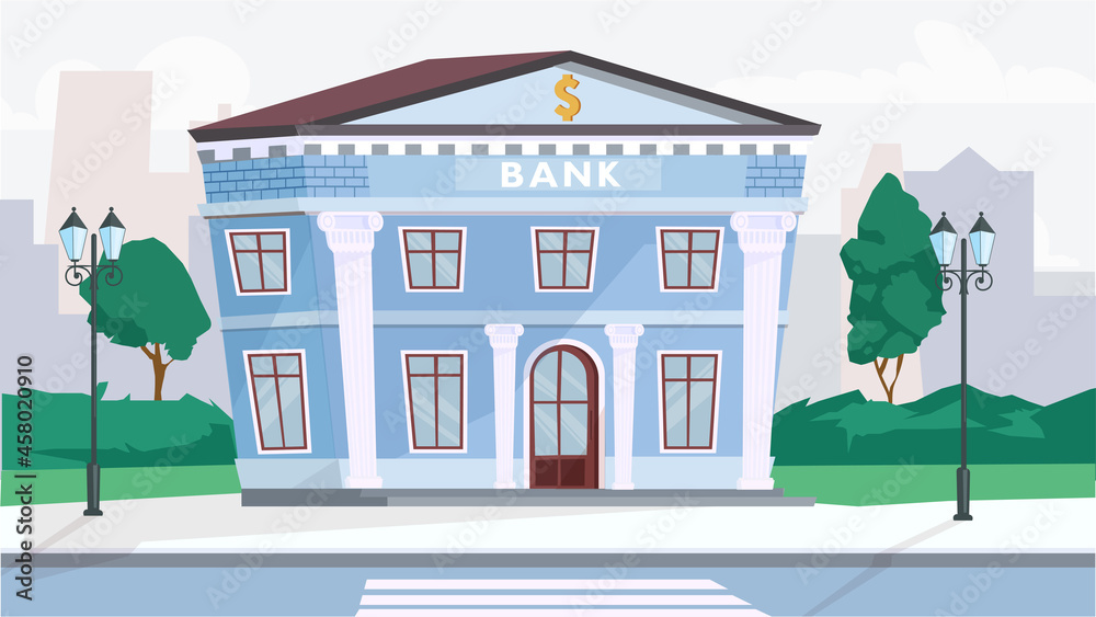 Bank building exterior concept in flat cartoon design. Financial office at column building in classical architecture, city street with lanterns and trees. Vector illustration horizontal background