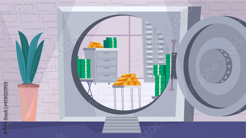 Safe deposit box interior concept in flat cartoon design. Open door to metal vault, gold bars and stacks of money inside. Deposit protection, banking service. Vector illustration horizontal background