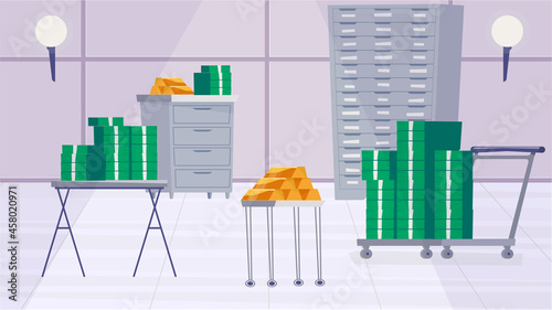 Safe deposit box inside concept in flat cartoon design. Gold bars, stacks of money, cabinets and tables inside metal vault. Banking protection service. Vector illustration horizontal background