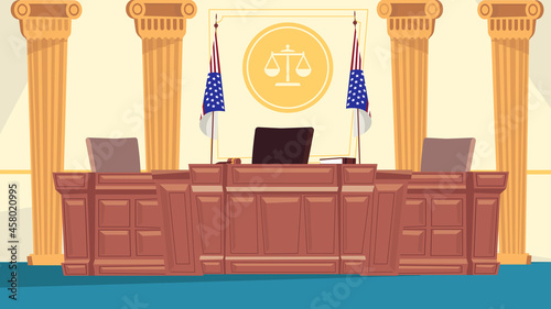 Courtroom interior concept in flat cartoon design. Judge workplace at huge table, secretary's place, flags, columns, sign of scales of justice. Jurisprudence. Vector illustration horizontal background