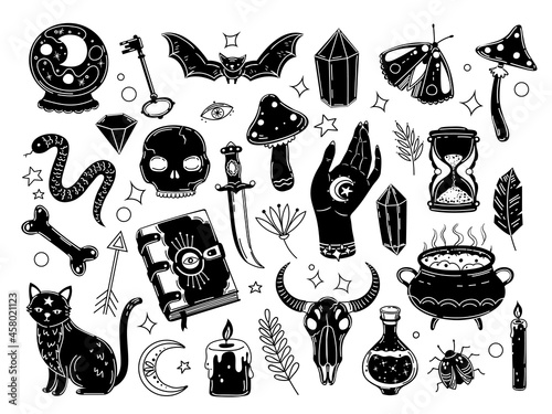Witchcraft set. Drawn magic crystals, witch ball and black cat. Human skull, esoteric occult symbols. Medieval magical halloween exact vector set