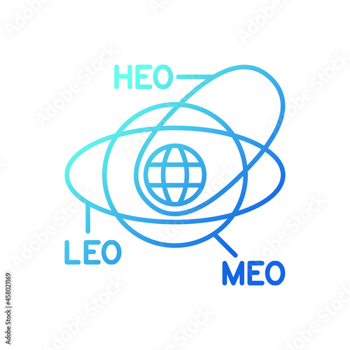 Geocentric Orbit type satellites gradient linear vector icon. Rotation of celestial bodies in geostationary orbit. Thin line color symbol. Modern style pictogram. Vector isolated outline drawing