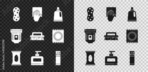 Set Sponge, Cleaning service, Bottle for cleaning agent, Wet wipe pack, of shampoo, Shaving gel foam, Epilator and Brush icon. Vector