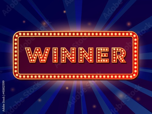 Retro winner banner. Sign show game, lottery prize winning golden lights signboard. Casino success champion, advertising recent vector poster