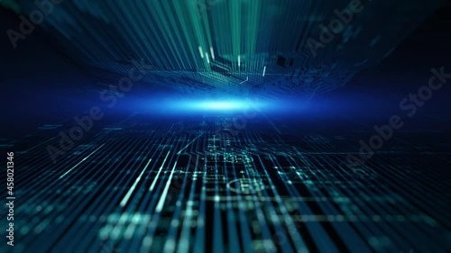 Abstract printed circuit board futuristic server/The abstract mother server is processing the data. Circuit board futuristic server code processing. Blue technology background with bokeh. loop. 