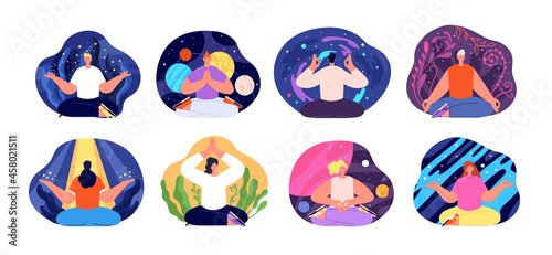 People meditation. Mind balance, woman yoga meditate with closed eyes. Men find creative ideas, zen wellbeing. Tranquil person relax utter vector set