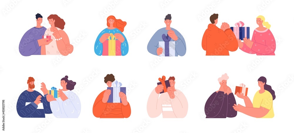 Fototapeta premium Friends with gifts. Personalized gift box, happy person with christmas present. Man surprised, isolated birthday funny utter vector characters