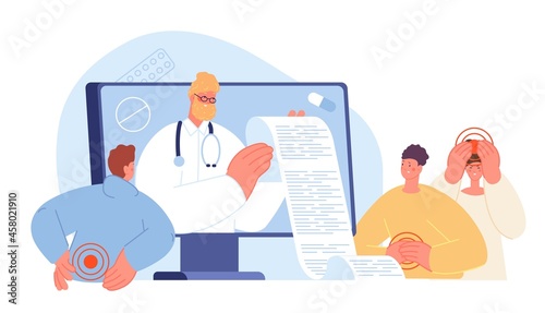 Medical rx concept. Healthcare, doctor prescription for patients with pain. People need painkillers drugs or tablets, hospital treatment utter vector scene