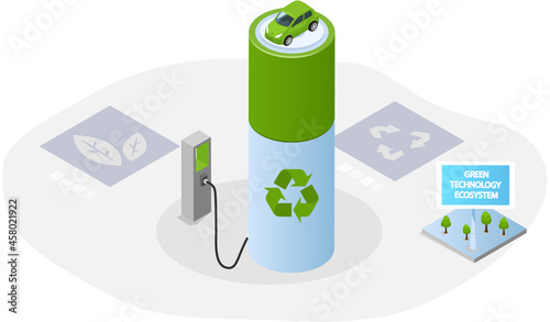 Car charging at charger station. Refueling car with environmentally friendly fuel made from recycled materials. Use of biofuel, alternative energy. Ecological consumption for technology production