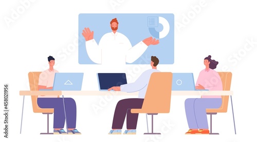 Online meeting with boss. Business video call, webinar or remote training. Company tv meet with manager in conference room utter vector scene