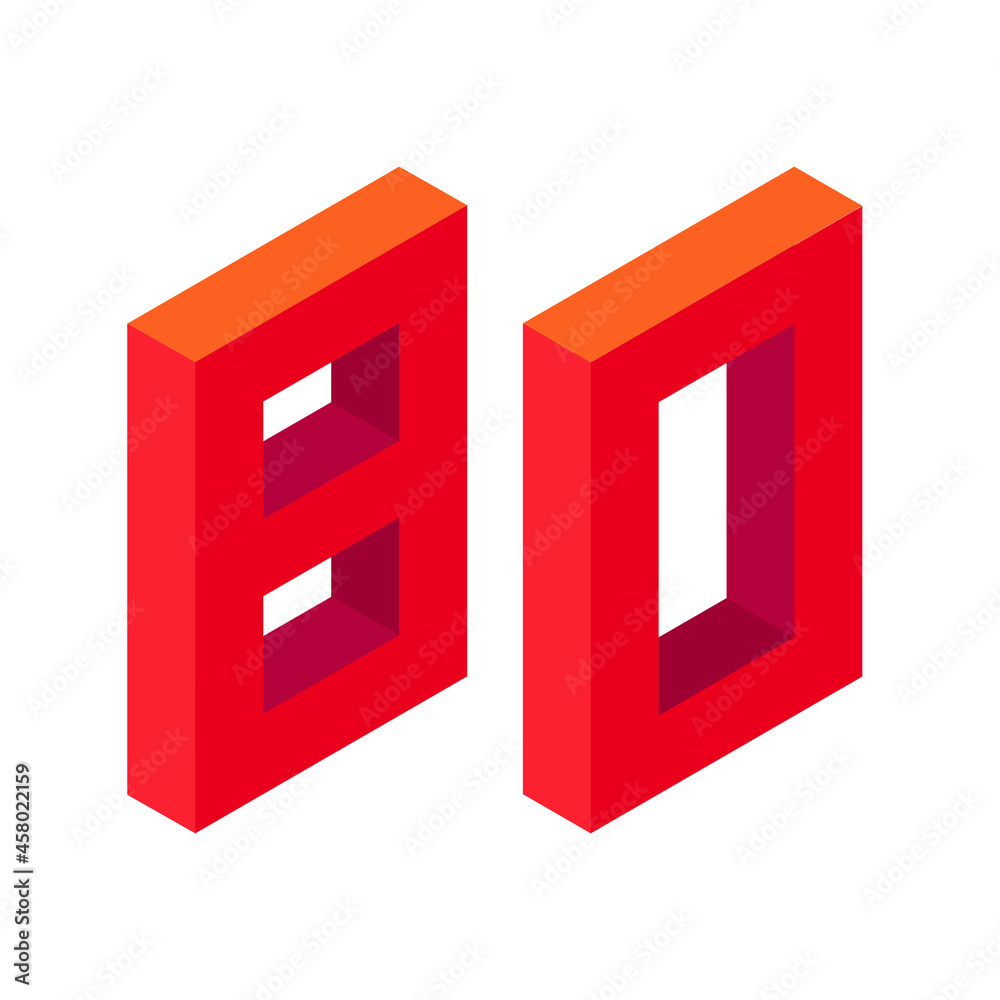 Red number 80 in isometric style. Isolated on white background. Learning numbers, serial number, price, place.