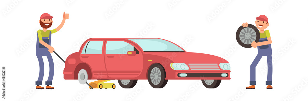 Auto service. Mechanics change wheels on car. Seasonal vehicle inspection, isolated flat mechanic in uniform vector characters