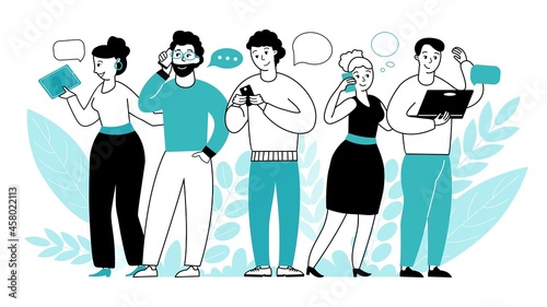 People online conversation. Communication, internet dialogue or web video call. Remote talking, woman man with mobile social network decent vector concept