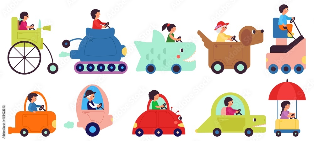 Fototapeta premium Cartoon child transportation characters. People drive vehicle, happy riding. Childish cute transport, isolated funny delivery or logistic decent vector set