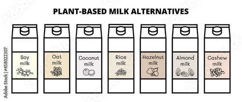 Vector set of vegan milk alternatives isolated on a white background. Plant-based non dairy soy, oat, coconut, rice, hazelnut, almond and cashew milk. Outline icons with hand-drawn illustrations.