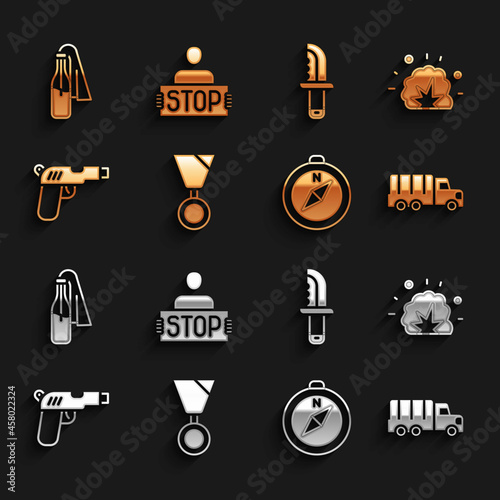 Set Military reward medal, Bomb explosion, truck, Compass, Pistol or gun, knife, Cocktail molotov and Stop icon. Vector