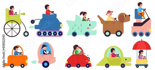 Cartoon child transportation characters. People drive vehicle, happy riding. Childish cute transport, isolated funny delivery or logistic decent vector set