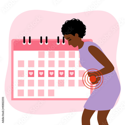 African woman having period pain in flat design vector illustration. Menstrual cycle calendar concept.