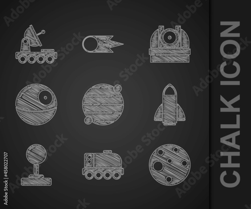 Set Planet, Mars rover, Rocket ship, Joystick, Death star, Astronomical observatory and icon. Vector