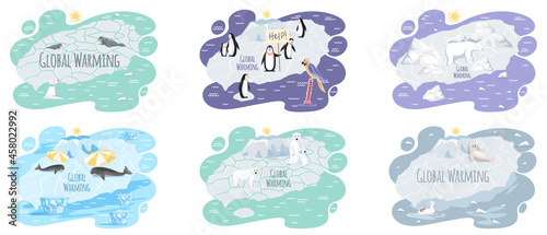 Global warming, environment pollution, global warming heating impact. Change climate. Penguins and polar bear floating on iceberg. World Environment Day, sun ecology. Global warming ice landscape