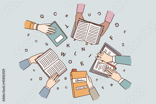 Education, learning and reading concept. Top view of human hands holding books learning studying with letters flying over vector illustration 