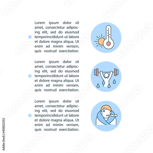 Dehydration reason concept line icons with text. PPT page vector template with copy space. Brochure, magazine, newsletter design element. Body water loss linear illustrations on white