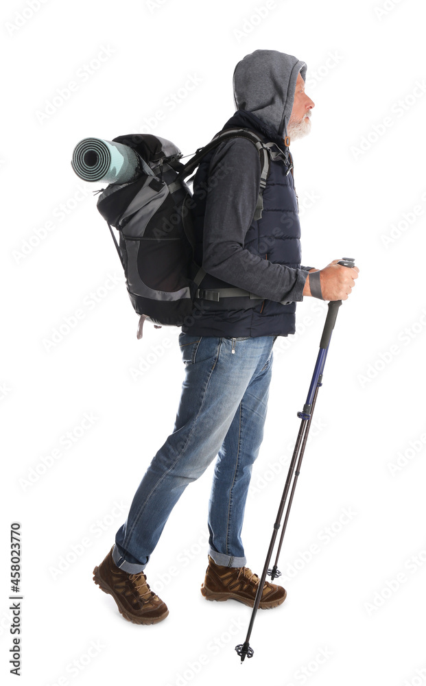 Male hiker with backpack and trekking poles on white background Male hiker with backpack and trekking poles on white background