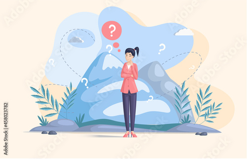 Making confusion. Woman thought about solution to problem, choose options person concept. Career, life and question decision process visualization. Person thinks hesitates to make ones choice