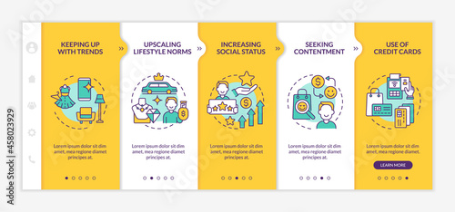 Consumerism motivation yellow onboarding vector template. Responsive mobile website with icons. Web page walkthrough 5 step screens. Lifestyle color concept with linear illustrations