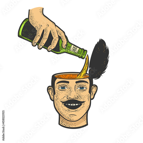 beer is poured into the head of a joyful man color sketch engraving vector illustration. T-shirt apparel print design. Scratch board imitation. Black and white hand drawn image.